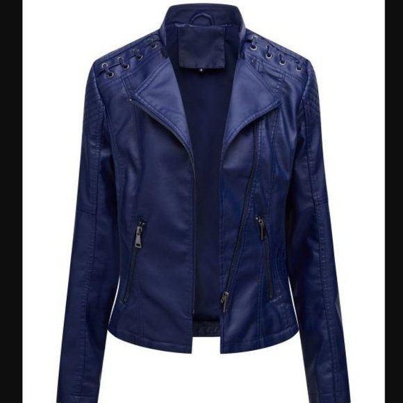 GYK Jackets & Blazers - NIB Dark Blue Laced-Shoulder Moto Jacket, Size L